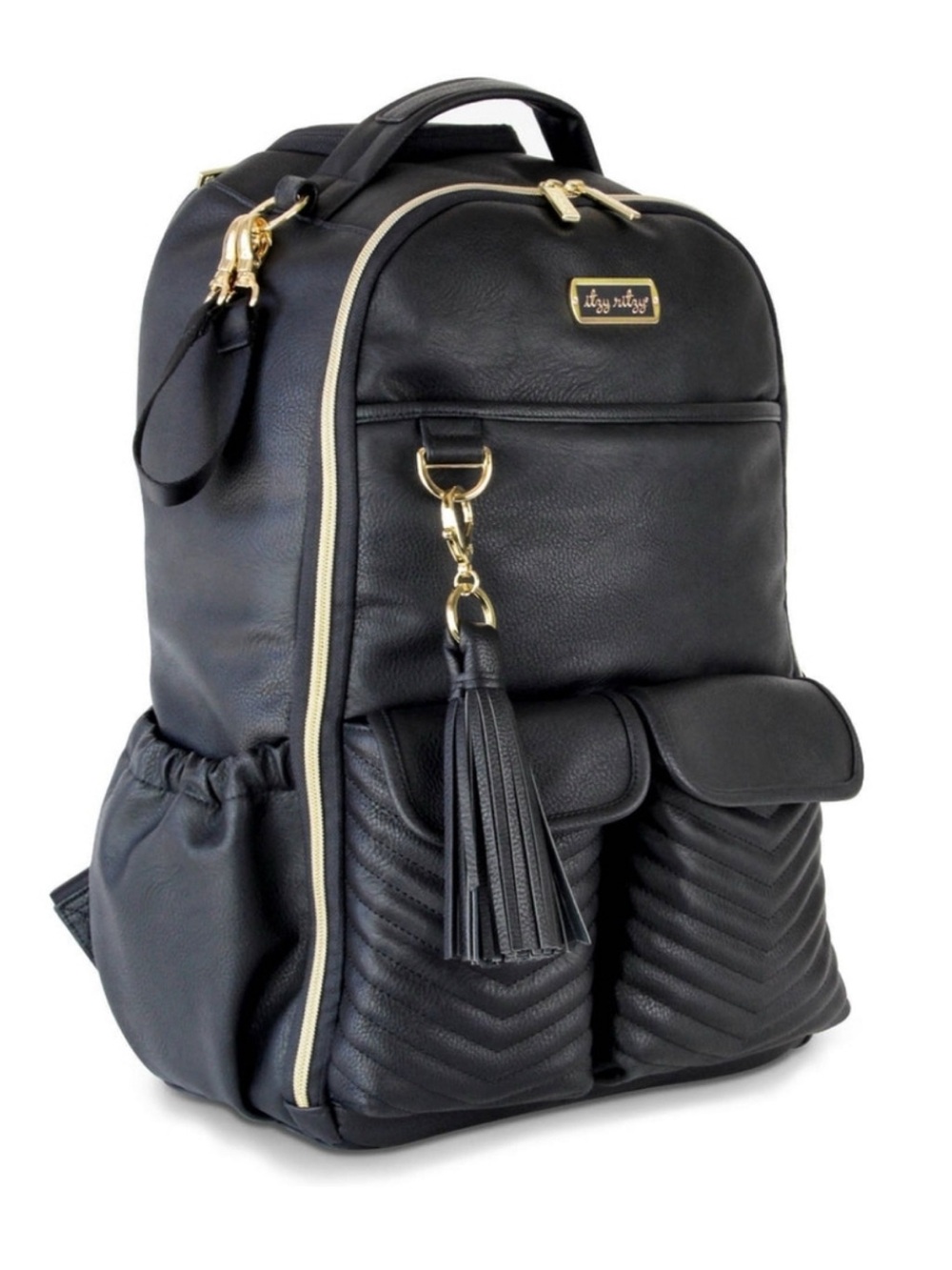 Itzy Ritzy Black Quilted Vegan Leather Backpack with Gold Hardware
